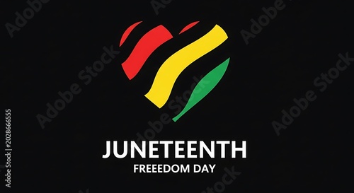 Minimalist juneteenth freedom day logo with a heart shape filled with red yellow and green lines
