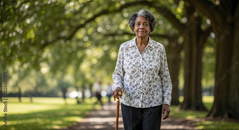 Fototapeta premium Elderly Black woman with cane walks confidently on park path, enjoying outdoor stroll. Active Elderly Black woman with cane embraces independence, healthy lifestyle, promoting positive aging.