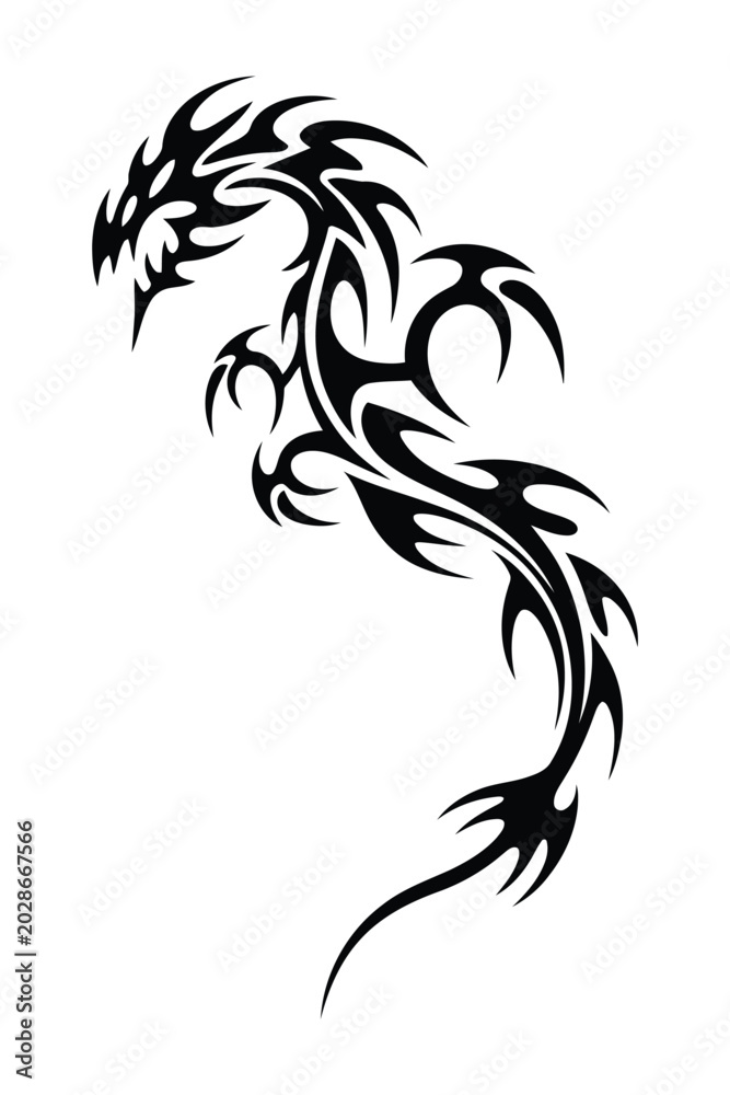 Fototapeta premium Intricate Tribal Dragon Tattoo With Sharp Spikes And Curving Tail In Bold Black Ink Style