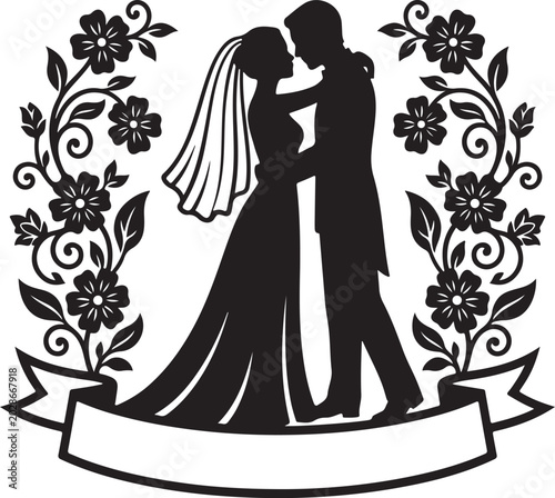 Stylized flower with ribbon banner silhouette