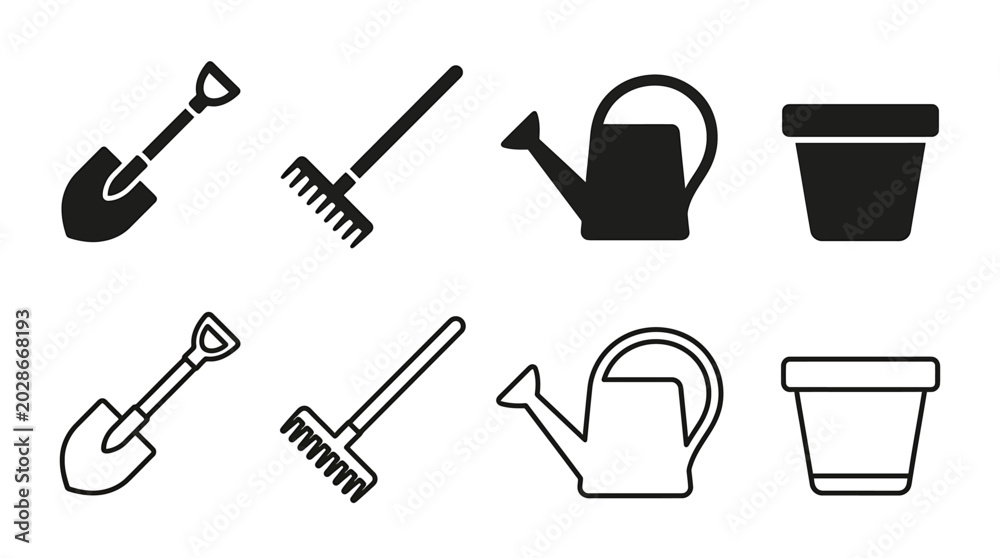 Obraz premium Set of gardening tools icons, shovel, rake, watering can and flower pot, solid and outline style