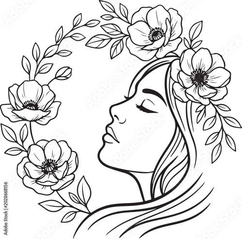 Line art flower illustration with leaves on white background
