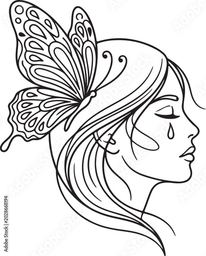 Woman face with butterfly line art illustration
