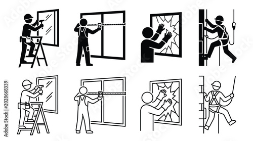 Obraz na płótnie Set of window repair icons, glazier working with glass, measuring, installing an