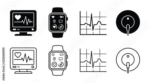 Tableau sur toile Set of medical icons including heart rate monitor, smartwatch, ecg graph, and el