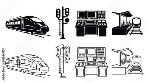 Obraz na płótnie Set of railway transport icons in solid and outline style, including high speed