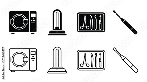 Set of medical sterilization equipment icons autoclave, uv lamp, surgical instruments tray and dental tool vector illustration