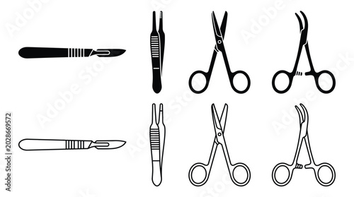 Fotografie Set of surgical instruments, scalpel, tweezers, scissors and hemostat, medical t