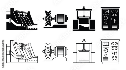 Billede på lærred Hydroelectric power plant icons set dam, turbine, sluice gate and electrical con
