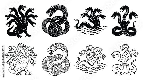 Foto Set of hydra monsters, multiheaded snakes and dragons, mythological creatures, v