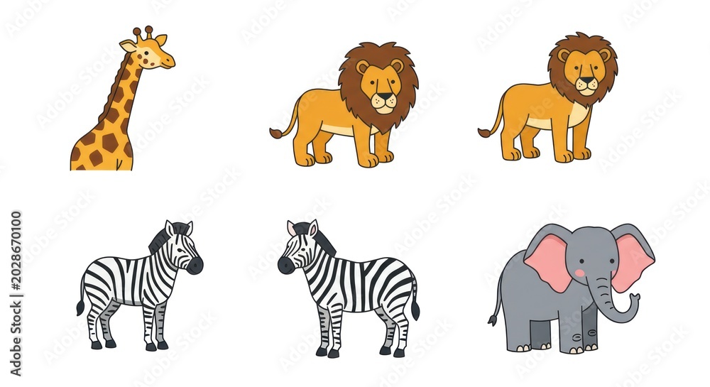 Obraz premium Wild animals including giraffe, lions, zebras, and elephant in savannah landscape scene