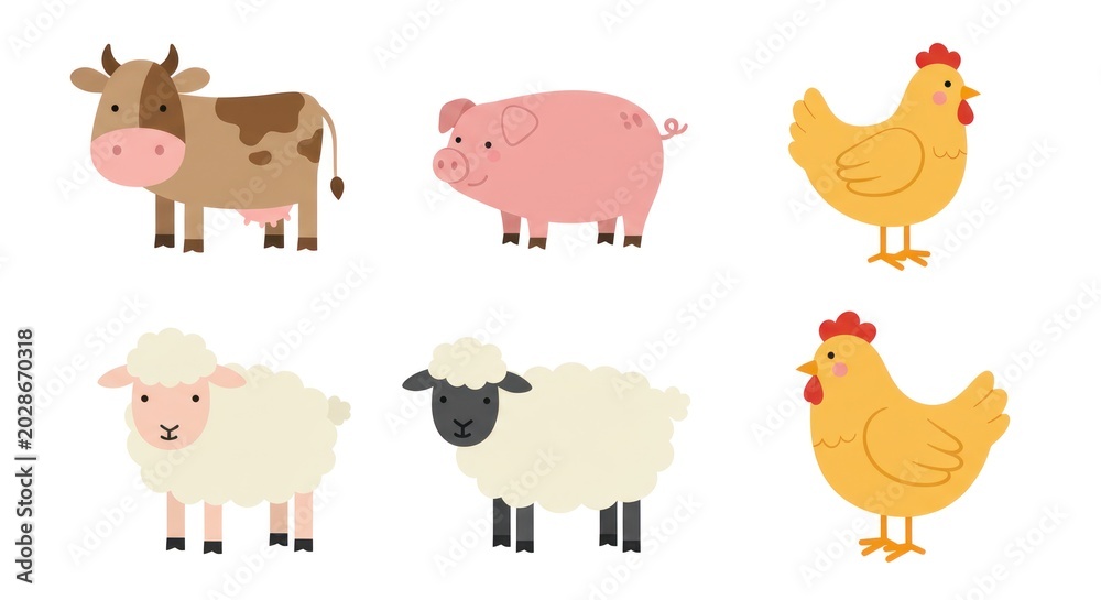 Fototapeta premium Farm animals standing together on a plain background, including cow, pig, chickens, sheep.