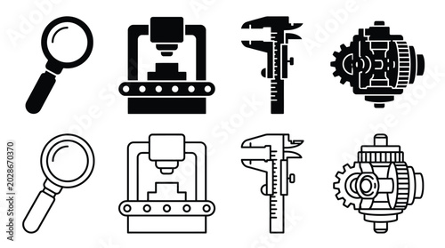 Billede på lærred Set of engineering and manufacturing icons, including magnifying glass, industri