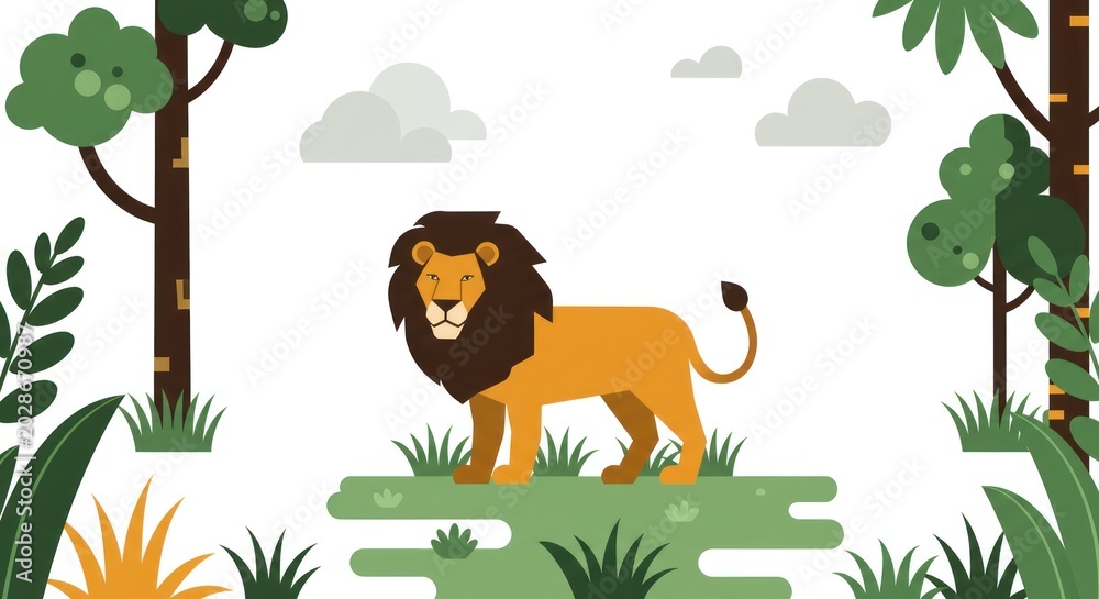 Naklejka premium A lion standing on a grassy rock formation in a savannah with trees and plants around.