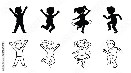 Set of happy children silhouettes and line art icons, kids jumping, dancing and running, vector illustration
