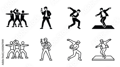Photography Set of kpop boy band dance poses, silhouettes and outline icons of male idols pe