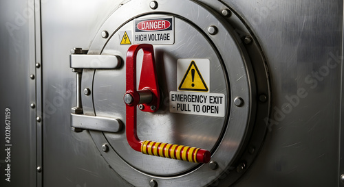 metal vault door with warning labels and red handle industrial security