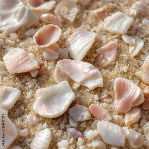A close-up of pale pink and white seashell fragments scattered on sunlit sandy beach, creating a delicate, natural texture and beachy mood.