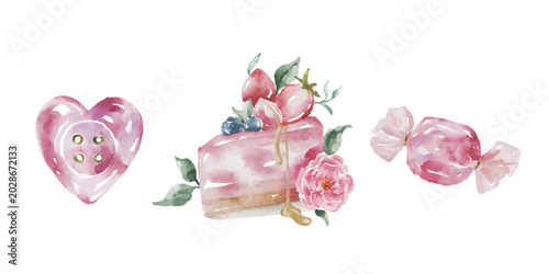 Pink watercolor sweet set with cake candy and heart button illustration