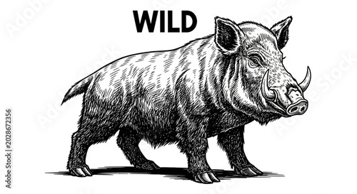 Wild boar standing profile view.