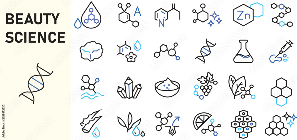 Fototapeta premium Skincare ingredient line icon set. Skincare and beauty product line icon set. Skincare and Beauty Symbols, Natural and Active Ingredient Collection. Molecule, vitamin, serum, collagen, crystal minimal