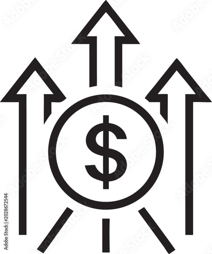 Rising dollar coin with multiple upward arrows representing investment returns vector icon