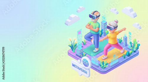 3D isometric cute illustration of a modern elderly couple doing yoga in the metaverse using VR headsets, bright colors, clay style.High definition, Area for copy space