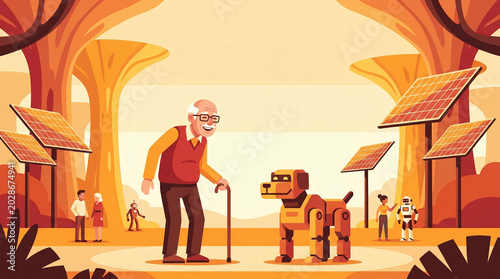 Flat vector illustration of a grandfather walking his robotic dog in a futuristic park, warm colors.High definition, Area for copy space