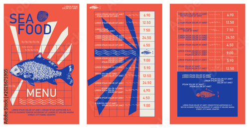 Seafood restaurant menu template with fish illustration, nautical wave patterns, and minimalist layout. Constructivist style Vector ocean sea fish cuisine card background front and back sheet design