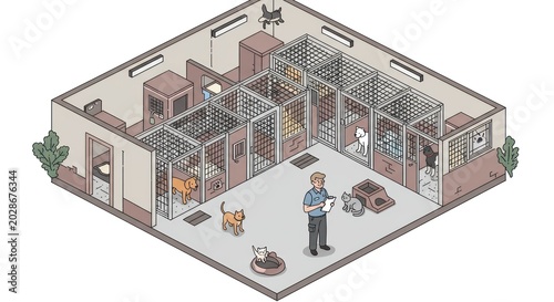A man stands inside an animal shelter with cages and pets.