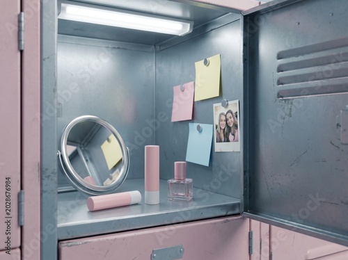 Illuminated open school locker with round mirror, pink cosmetic tubes, perfume bottle and pastel sticky notes with polaroid photo inside