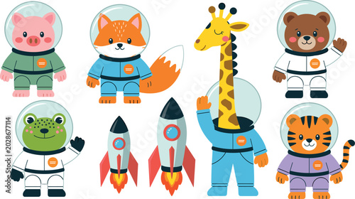 Εκτύπωση καμβά Cute cartoon astronaut animals with space rockets collection vector flat cosmic
