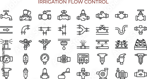 Irrigation Flow Control Icons Collection with Water Distribution Equipment and Agricultural Pipeline System Components