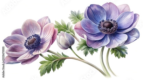 Watercolor anemone flowers on a branch - Soft watercolor illustration of delicate purple and pink anemone flowers with green leaves and buds.