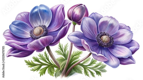 Beautiful purple and blue anemone flowers with buds - Watercolor-style illustration of delicate purple and blue anemone flowers with green leaves and buds, perfect for floral designs.