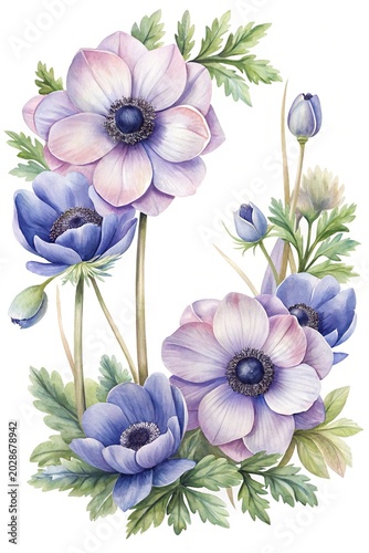 Beautiful purple poppies with green leaves - Watercolor style illustration of delicate purple poppies blooming with fresh green foliage and buds.