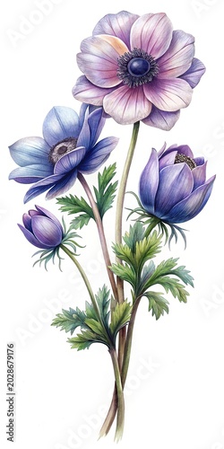 Beautiful purple and white anemone flowers arrangement - Elegant digital illustration of anemone flowers in soft purple and white tones with delicate green foliage.