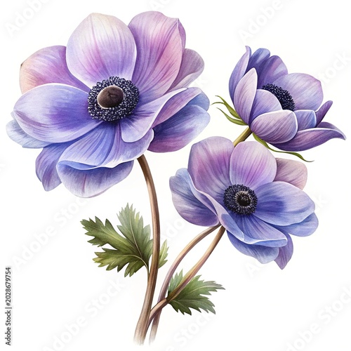 Purple anemone flowers with green leaves - Beautiful watercolor-style purple anemone flowers with delicate leaves on a natural branch.
