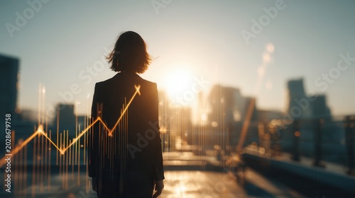 Business woman looking at financial graph on city skyline sunset