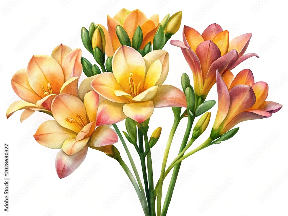 Fototapeta premium Beautiful bouquet of orange and yellow flowers - Fresh cluster of vibrant orange and yellow blooms with green leaves arranged naturally