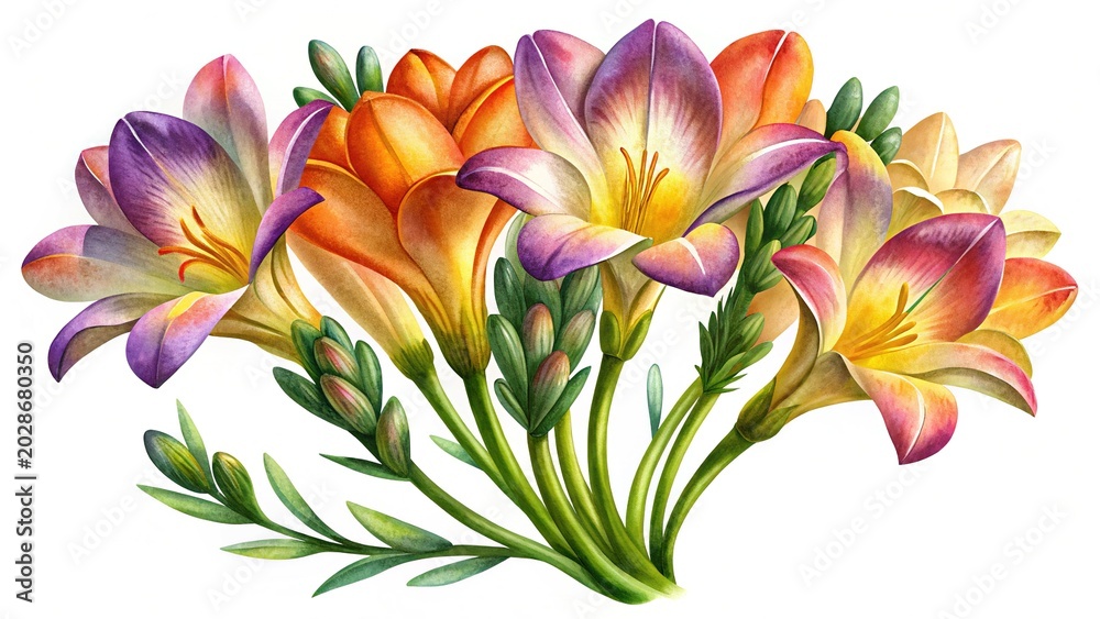 Fototapeta premium Colorful lilies bouquet illustration - Beautiful watercolor style lilies bouquet with soft pastel colors and green leaves.