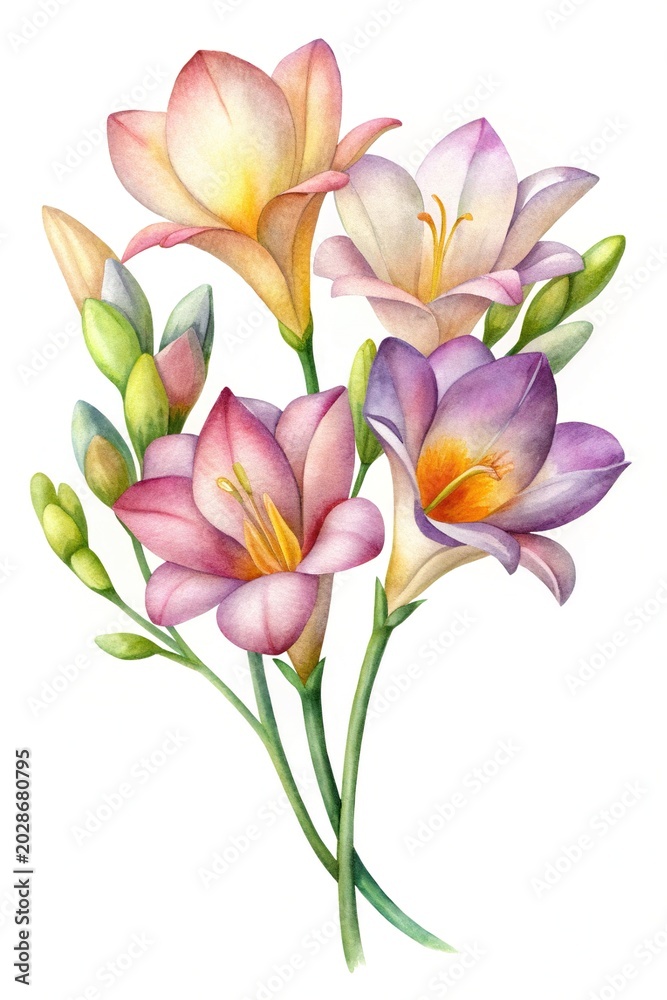 Obraz premium Watercolor bouquet of pink and purple flowers - A delicate watercolor illustration of a mixed bouquet with soft pink and purple flowers and green leaves.