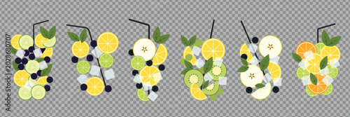 Fruit cocktail icons vector set with citrus, lemon, orange, cucumber, kiwi, apple and berries