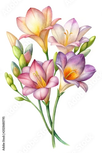 Watercolor bouquet of pink and purple flowers - A delicate watercolor illustration of a mixed bouquet with soft pink and purple flowers and green leaves.