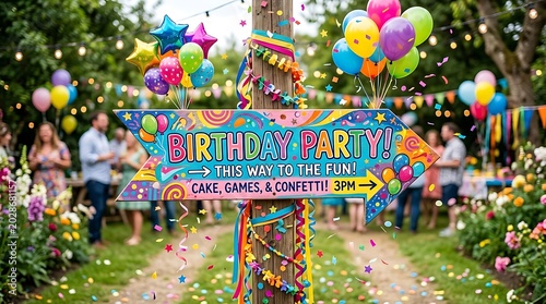 Colorful birthday party sign with balloons in a garden
