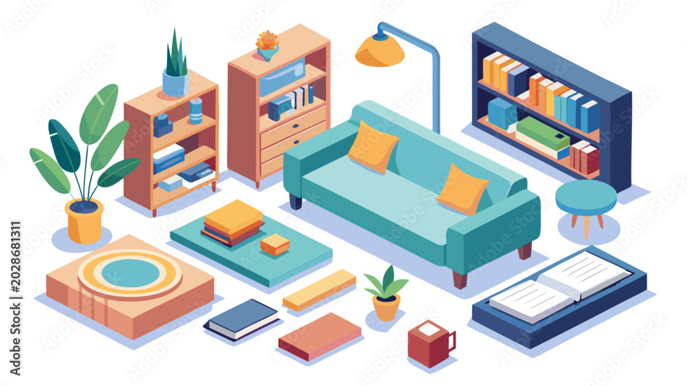 Fototapeta premium Set of isometric living room furniture, including a sofa and armchair, a sleeping bed, a bookcase with books, and a coffee table with a potted plant on top, all set against a white background. vector