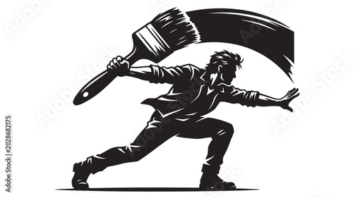 Tableau sur toile Painter man silhouette with brush and helmet, dynamic monochrome street art styl