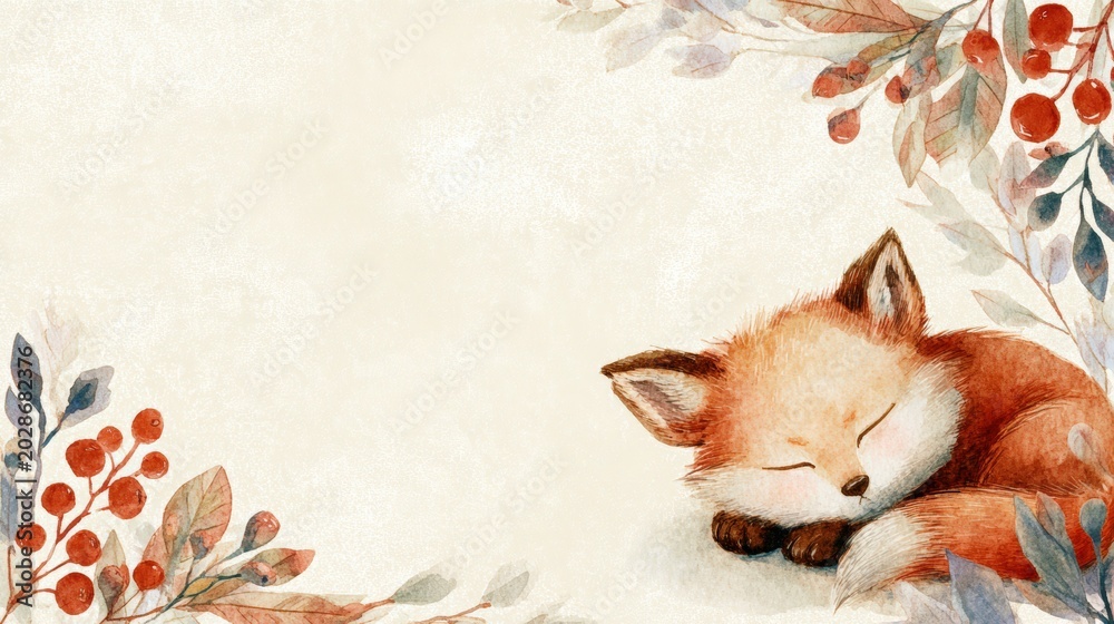 Fototapeta premium Adorable watercolor baby fox sleeping beside blank greeting card framed leaves berries