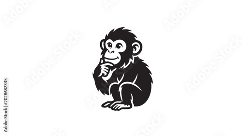Photography Monkey silhouette logo with pondering pose and hand on chin, cute cartoon emblem