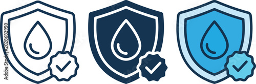 Water Protection Shield Icon Set with Check Mark Badge Secure Clean Drinking Water Safety Vector Illustration Collection